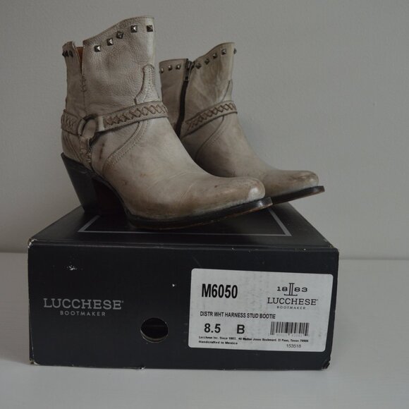 Lucchese Harness Ani Studded Distressed White Western Booties - Picture 3 of 15